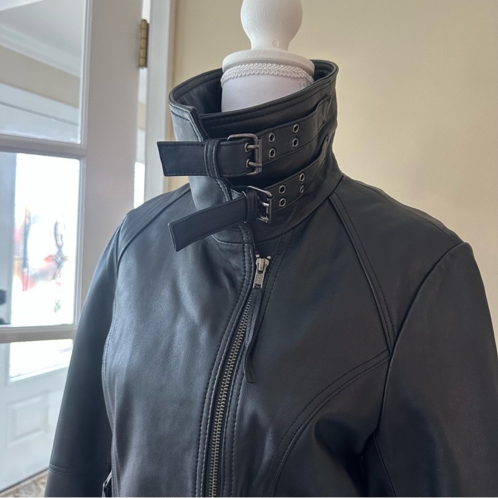Vintage Black Leather Funnel Collar High Neck Clasps Asymmetrical Moto Jacket S